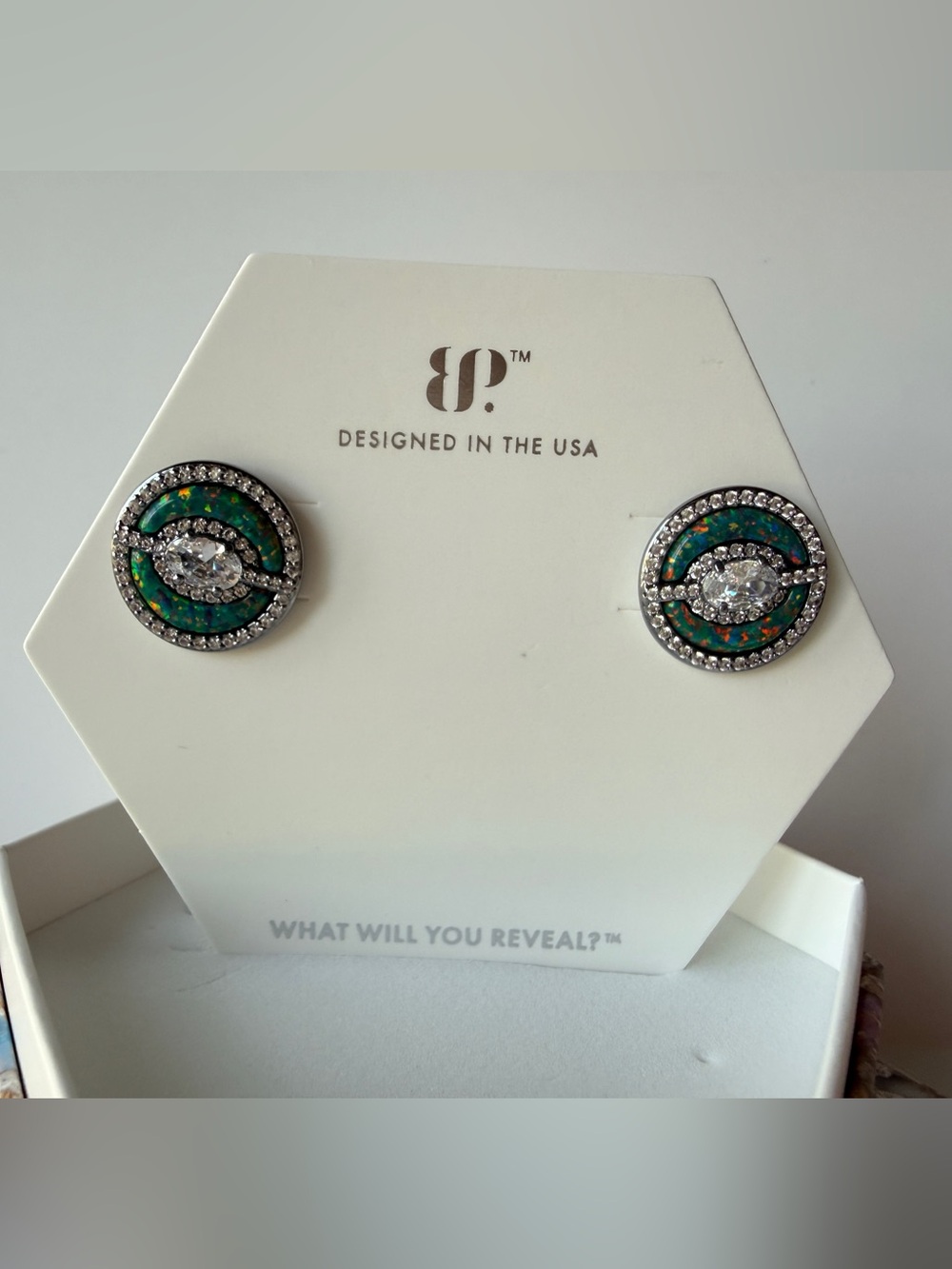 Bomb Party October Birthday Earring Studs. NIB. Green teal fire opal on hematite